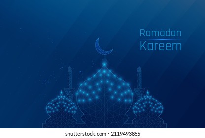 Futuristic glowing low polygonal Mosque. Translation: Ramadan Kareem - May Generosity Bless You During The Holy Month., light particles isolated on dark blue background.  concept. plexus, wireframe