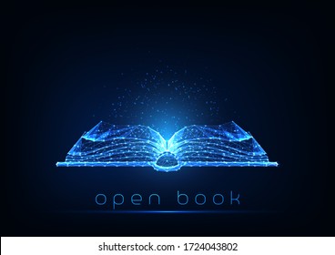 Futuristic glowing low polygonal open book isolated on dark blue background. Online learning concept. Modern wire frame mesh design vector illustration. 