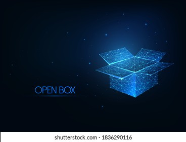 Futuristic Glowing Low Polygonal Open Box Isolated On Dark Blue Background. Modern Wireframe Mesh Design Vector Illustration.