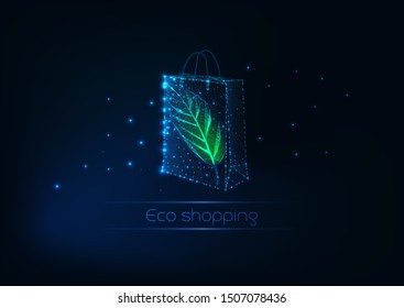 Futuristic glowing low polygonal paper shopping bag with green leaf isolated on dark blue background. Eco shopping concept. Modern wireframe design vector illustration.