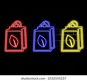 Futuristic glowing low polygonal paper shopping bag with green leaf isolated on dark blue background. Eco shopping concept. Modern wireframe design vector illustration..