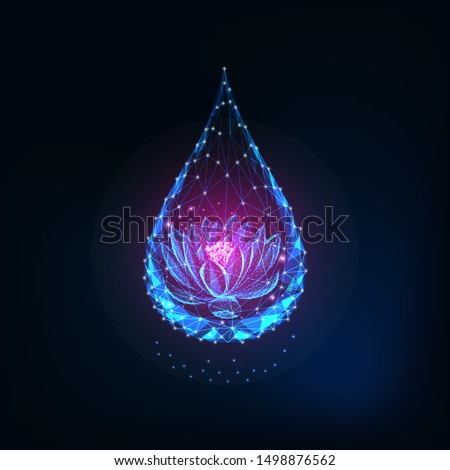 Futuristic glowing low polygonal pink lotus, water lily flower inside of water drop isolated on dark blue background. Spirituality, harmony concept. Modern wireframe design vector illustration.