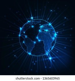 Futuristic glowing low polygonal planet earth globe with stars and rays on dark blue background. Worldwide communication, business concept. Modern wireframde design vector illustration.