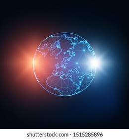 Futuristic glowing low polygonal planet Earth globe map with red and blue sparkles, stars, or expositions isolated on dark blue background. Business communication concept. Vector illustration.