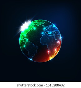 Futuristic glowing low polygonal planet Earth globe map with orange and green spots as symbol of global warming and green environment isolated on dark blue background.  Vector illustration.