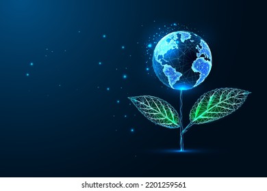 Futuristic glowing low polygonal plant with planet Earth globe as a flower on dark blue background. 