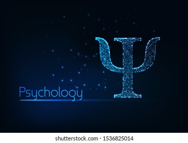 Futuristic glowing low polygonal psi Greek letter, symbol of psychology science and therapy isolated on dark blue background. Modern wire frame mesh design vector illustration.