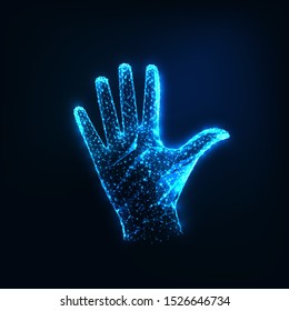 Futuristic glowing low polygonal raised open female hand isolated on dark blue background. Greeting, voting, reaching concept. Modern wire frame mesh network design vector illustration. 