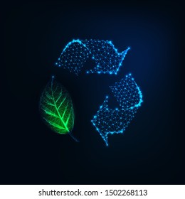 Futuristic glowing low polygonal recycle sign with green leaf made of lines, stars, triangles isolated on dark blue background. Environment conservation concept. Modern design vector illustration.