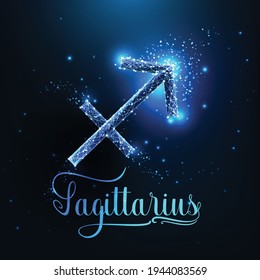 Futurista brillante bajo concepto de señalización poligonal Sagittarius zodiac sobre fondo azul oscuro.