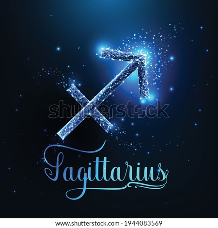 Futuristic glowing low polygonal Sagittarius zodiac sign concept on dark blue background.
