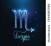 Futuristic glowing low polygonal Scorpio zodiac sign concept on dark blue background.