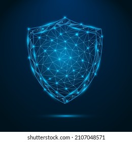 Futuristic glowing low polygonal security guard shield symbol. Antivirus sign with connection lighting dots. Cyber protection of safe concept. Vector isolated on dark blue background.