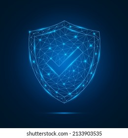 Futuristic glowing low polygonal security guard shield with check mark symbol. Antivirus sign with connection lighting dots. Cyber protection of safe concept. Vector isolated on dark blue background.