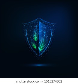 Futuristic glowing low polygonal shield with green leaves isolated on dark blue background. Environment, plant growth, agriculture protection. Web logo template. Modern wireframe design vector image.