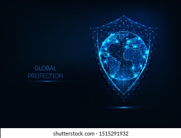 Futuristic glowing low polygonal shield and planet earth globe map isolated on dark blue background. Global data protection concept. Modern wireframe design vector illustration. 