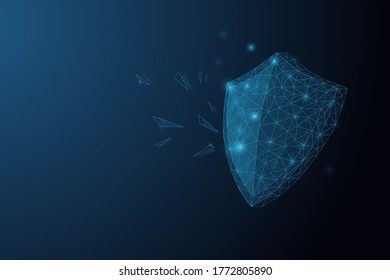 Futuristic glowing low polygonal shield made of stars, lines, dots, triangles isolated on dark blue background. Security and protection concept. Modern wireframe vector illustration.