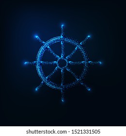 Rueda poligonal poligonal flotante futurista de líneas, estrellas, partículas, triángulos aislados en fondo azul oscuro. Ilustración vectorial de diseño de malla de marco moderno. 