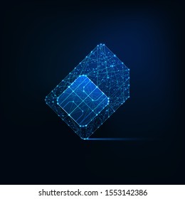 Futuristic glowing low polygonal  sim card made of lines, light particles isolated on dark blue background. Telecommunication technologies concept. Modern wire frame mesh design vector illustration.