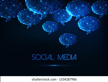 Futuristic glowing low polygonal speech bubbles and text social media on dark blue background. Communication, chatting, thinking concept. Modern wire frame mesh design vector illustration.