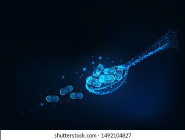 Futuristic glowing low polygonal spoon with medicine pills isolated on dark blue background. Pharmaceutical, healthcare concept. Modern wire frame design vector illustration.