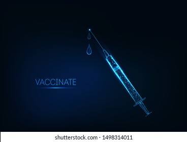 Futuristic glowing low polygonal syringe with vaccine medication and drops isolated on dark blue background. Vaccination, drug treatment  concept. Modern qwireframe design vector illustration.
