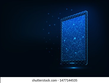 Futuristic glowing low polygonal tablet made of lines, stars, dots, triangles isolated with space for text on dark blue background. Modern wireframe design vector illustration. 