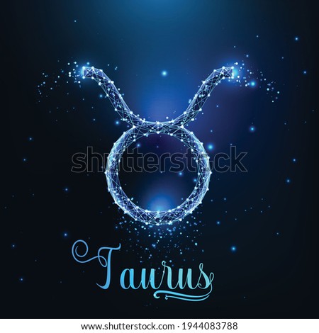 Futuristic glowing low polygonal Taurus zodiac sign concept on dark blue background.