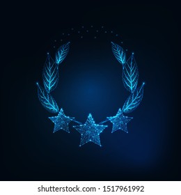 Futuristic glowing low polygonal three stars and laurel wreath isolated on dark blue background. Best quality, award emblem, winner prize concept. Modern wire frame design vector illustration. 