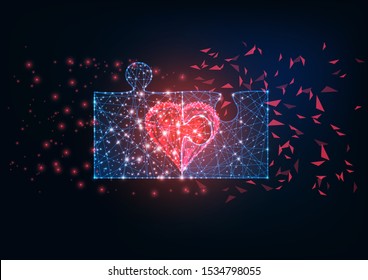 Futuristic glowing low polygonal two jigsaw puzzle pieces and red heart as a symbol of love relationship on dark blue background. Modern wire frame mesh design vector illustration.