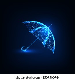 Futuristic glowing low polygonal umbrella made of lines, stars, particles, triangles isolated on dark blue background. Monsoon, weather change, protection concept. Wireframe design vector illustration