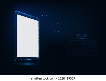 Futuristic glowing low polygonal vector tablet mockup with white screen with space for text on dark blue background. Web app presentation template. Modern wire frame design vector illustration.