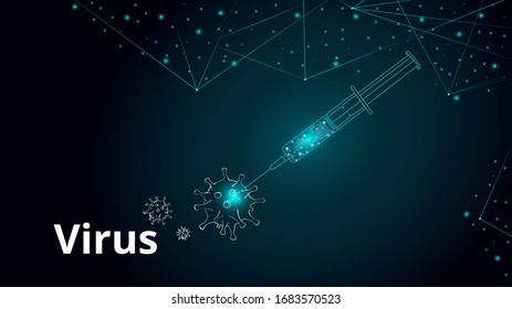 Células de virus poligonales bajas futuristas y jeringa con vacuna. Imuunización, concepto de vacunación. Ilustración vectorial de diseño de modelo alambrado moderno.
