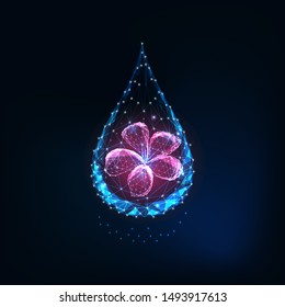 Futuristic glowing low polygonal water drop with abstract purple flower inside isolated on dark blue background. Essential oil, perfume, cosmetics concept. Modern wireframe design vector illustration.