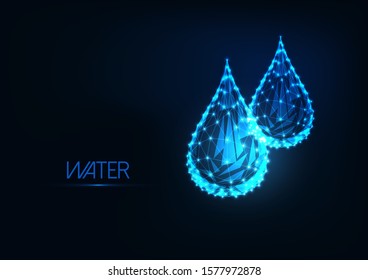 Futuristic glowing low polygonal water drops made of lines, stars, light particles isolated on dark blue background. Modern wire frame mesh design vector illustration.