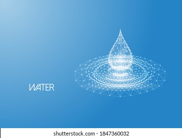 Futuristic glowing low polygonal water drop with splash ripples made of lines, dots, light particles isolated on blue background. Modern wire frame mesh design vector illustration.