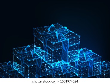 Futuristic glowing low polygonal web banner with gift boxes on dark blue background. Christmas or Birthday presents. Modern wire frame mesh design vector illustration. 