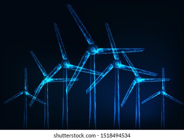 Futuristic glowing low polygonal windmill farm on dark blue background. Sustainable energy concept. Modern wireframe design vector illustration. 