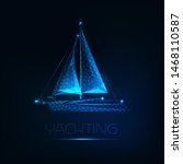 Futuristic glowing low polygonal yacht boat isolated on dark blue background. Yachting sport concept, summer sea recreation. Modern wireframe design vector illustration. 