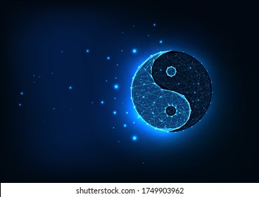 Futuristic glowing low polygonal yin yang symbol isolated on dark blue space background. Harmony, balance, Asian culture concept. Modern wire frame mesh design vector illustration. 