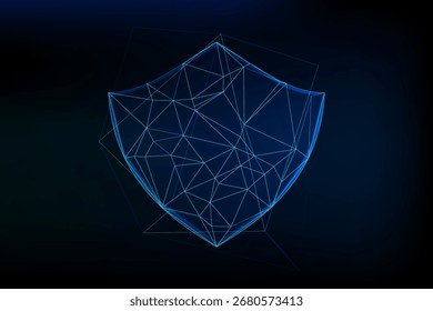 Símbolo de escudo de polietileno bajo brillante futurista sobre fondo azul oscuro