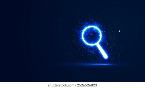 A futuristic glowing magnifying glass with plexus lines and glitter particles. Illustration concept of browsing and looking for ideas in the neon light style. Digital technology illustration
