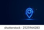 Futuristic glowing map pin with plexus lines and glitter particles. A location pointer in the neon light style. 3D abstract low poly in the dark background. Digital technology illustration