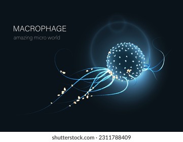 Futuristische leuchtende Mikroben. Mikrobiologisches Forschungs- und Analyseplakat. 
Makrophage unter einem Mikroskop.