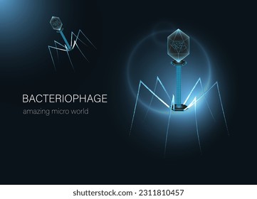 Futuristic glowing microbes. Microbiological research and analysis poster. Bacteriophage under a microscope.