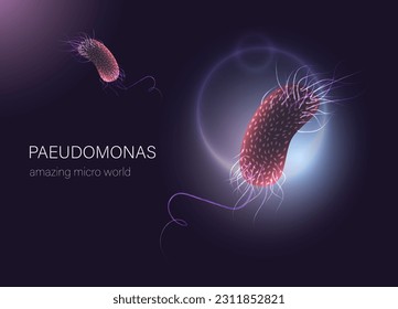 Futuristic glowing microbes. Microbiological research and analysis poster. Pseudomonas fluorescens a microscope.