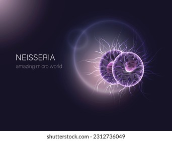 Futuristic glowing microbes. Microbiological research and analysis poster. Neisseria fluorescens a microscope. Gonorrhea.