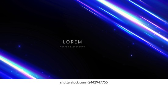 Efecto de iluminación de movimiento brillante futurista y diagonal brillante sobre fondo negro con espacio de copia para texto. Ilustración de vector