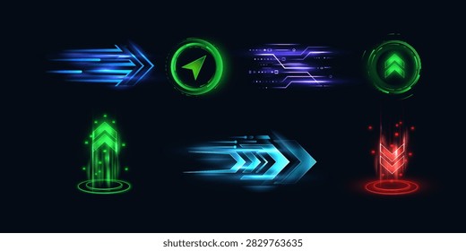 Futuristic glowing navigation arrows and direction indicators with speed trails, circular HUD buttons and illuminated markers on dark background. Vector sci-fi game UI elements for controls, movement and digital interfaces.