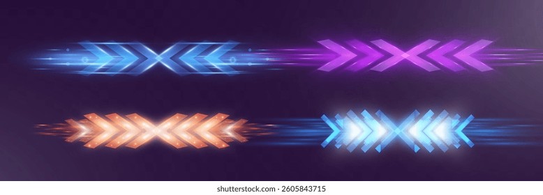 Futuristic glowing neon arrows with motion blur effect in different colors on dark background.